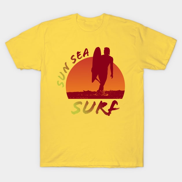 Sun Sea and Surf with surfer silhouette over sunset T-Shirt by MultistorieDog